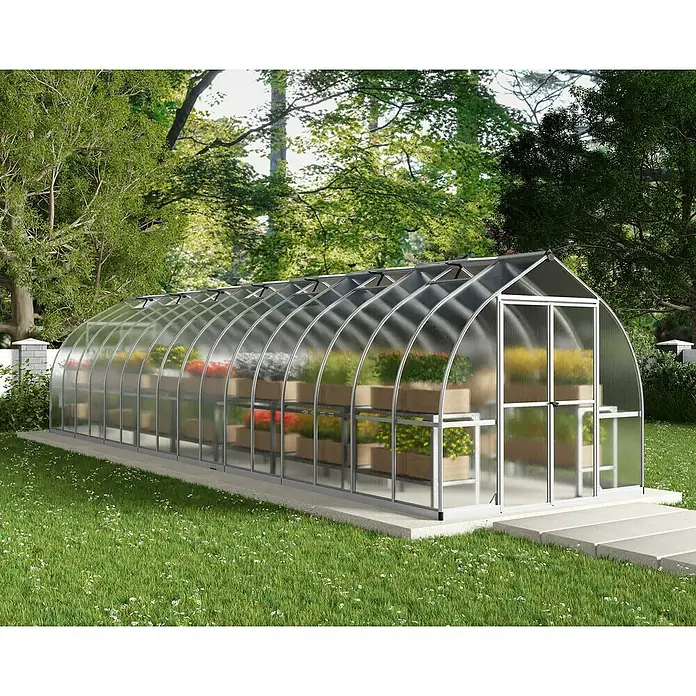 Palram – Canopia Invernadero Bella - Medidas ext. (An x Pr): 244 x 963 cm, 6 mm, Plateado - La imagen muestra un invernadero con estructura de aluminio, situado sobre un césped y lleno de plantas en macetas.