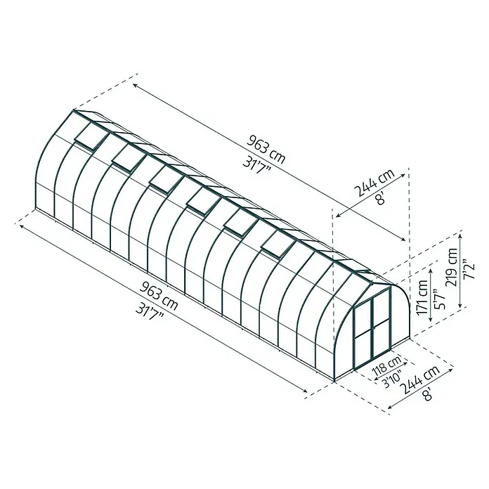 Palram – Canopia Invernadero Bella - Medidas ext. (An x Pr): 244 x 963 cm, 6 mm, Plateado - Diagrama de un invernadero con dimensiones de 963 cm de largo, 244 cm de ancho y una altura de 219 cm.