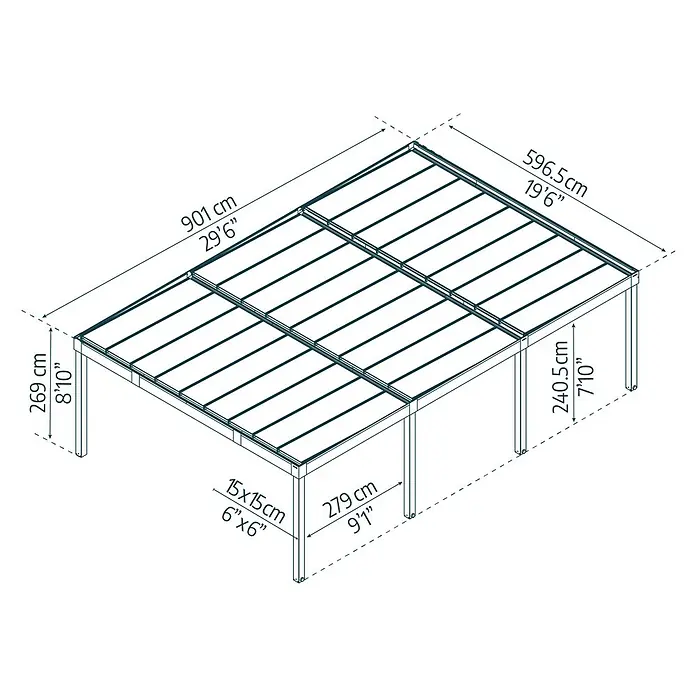 Palram – Canopia Carport Oslo - Medidas ext. (An x Pr): 5,96 x 9,01 m, Negro - Imagen del producto de una pérgola con dimensiones en centímetros y pulgadas para el tamaño y el grosor de los postes.
