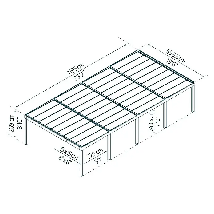 Palram – Canopia Carport Oslo - Medidas ext. (An x Pr): 5,96 x 12 m, Negro - Un plano detallado de un mirador con dimensiones, destacando el tamaño y la estructura del mirador.