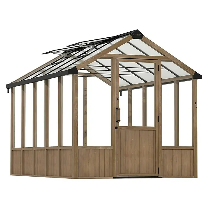 Palram – Canopia Invernadero Natura - Medidas ext. (An x Pr): 249 x 356 cm, Plástico, 4 mm, Natural - Imagen de un invernadero Canopia de madera con paneles transparentes y una puerta. Ideal para jardinería y cultivo de plantas.