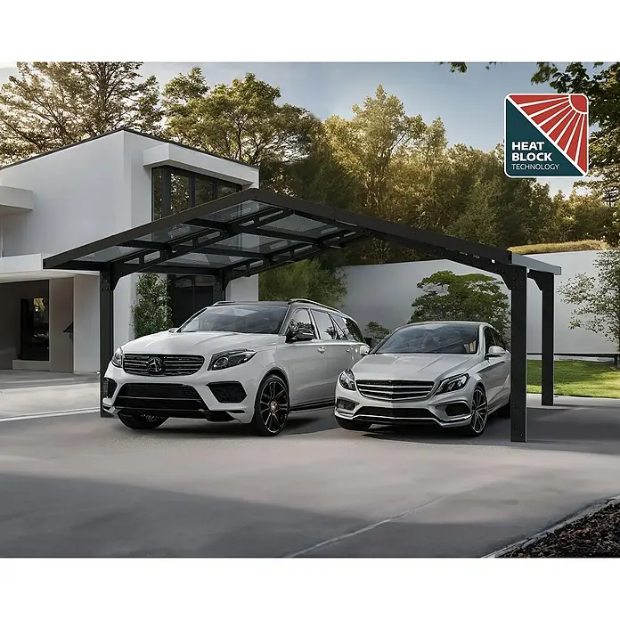 Palram – Canopia Carport Sydney Arch - Medidas ext. (An x Pr): 5,72 x 5,86 m, Negro - Moderna cochera doble con "Heat Block Technology", que ofrece protección contra el sol y el calor. Ideal para dos coches frente a una casa moderna.