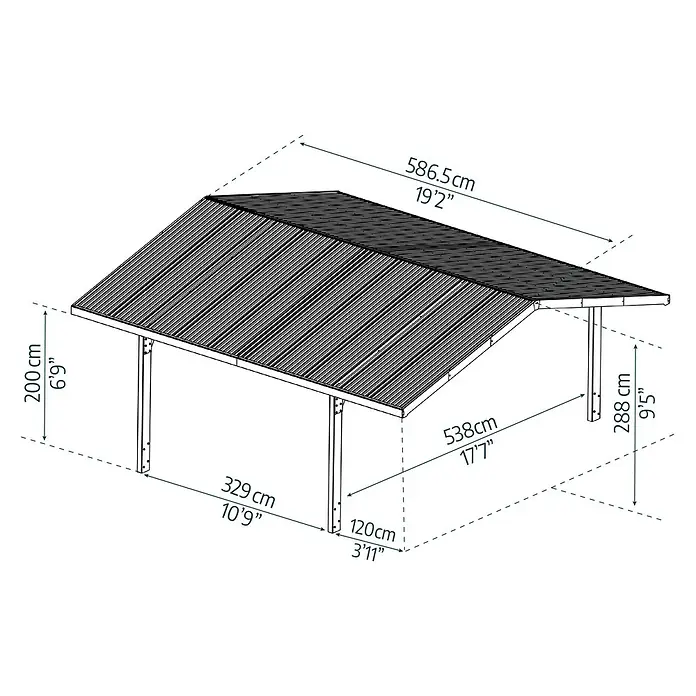 Palram – Canopia Carport Sydney Arch - Medidas ext. (An x Pr): 5,72 x 5,86 m, Negro - Vista en perspectiva de una cochera con dimensiones de altura, anchura y profundidad en centímetros y pies.