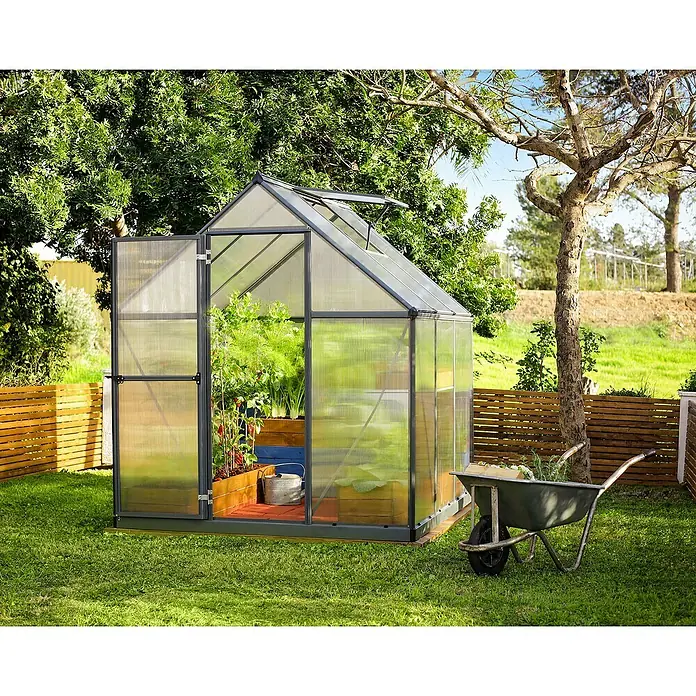 Palram – Canopia Invernadero Mythos - Medidas ext. (An x Pr): 185 x 186 cm, Material de la pared lateral: Plástico, 4 mm, Gris - Un invernadero con una puerta abierta y una carretilla llena de herramientas de jardinería en el jardín.