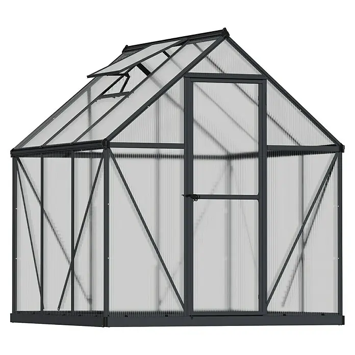 Palram – Canopia Invernadero Mythos - Medidas ext. (An x Pr): 185 x 186 cm, Material de la pared lateral: Plástico, 4 mm, Gris - Un invernadero espacioso con una estructura de marco robusta y una puerta, ideal para el cultivo de plantas.