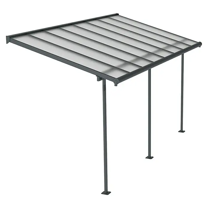 Palram – Canopia Terrassenüberdachung - B x T: 447,5 x 228 cm - Überdachung mit transluzenten Paneelen und grauen Rahmen. Die Überdachung wird von schlanken grauen Pfosten getragen.