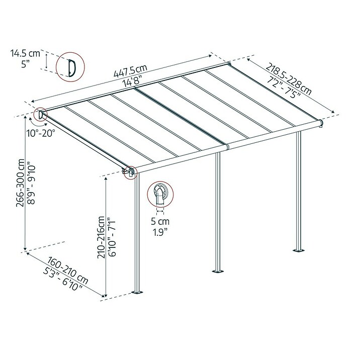 Palram – Canopia Marquesina adosada Sierra (An x Pr: 447,5 x 228 cm, Blanco, Policarbonato, Gris) | BAUHAUS