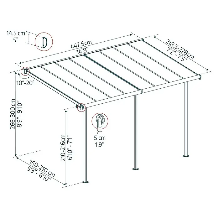 Palram – Canopia Terrassenüberdachung - B x T: 447,5 x 228 cm - Abbildung einer Terrassenüberdachung mit Maßangaben zu Höhe, Breite und Tiefe in Zentimetern und Zoll.
