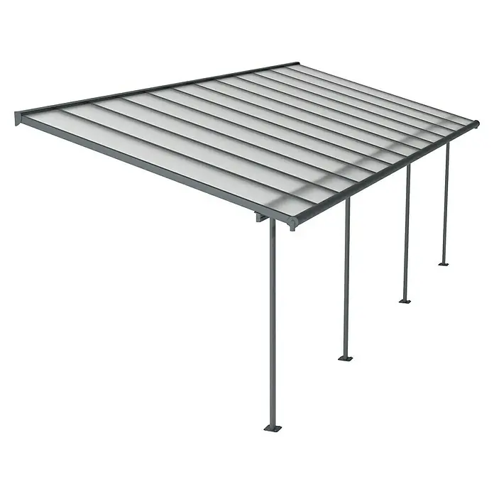 Palram – Canopia Terrassenüberdachung Sierra - B x T: 739 x 299 cm, Anthrazitgrau, Polycarbonat, Klar - Diese Abbildung zeigt ein Carport mit grauem Dach und Stützen. Es bietet Schutz für Fahrzeuge und ist eine praktische Lösung.
