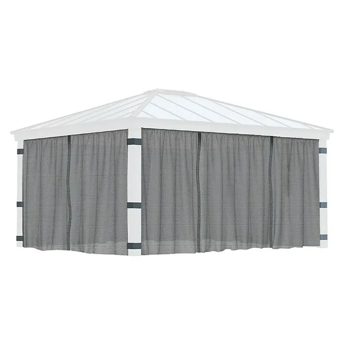Palram – Canopia Cortina mosquitera para cenador Dallas - An x Al: 466 x 212 cm, Gris - Imagen de una glorieta blanca con mosquiteras oscuras, que proporciona un diseño simple y moderno para espacios al aire libre.
