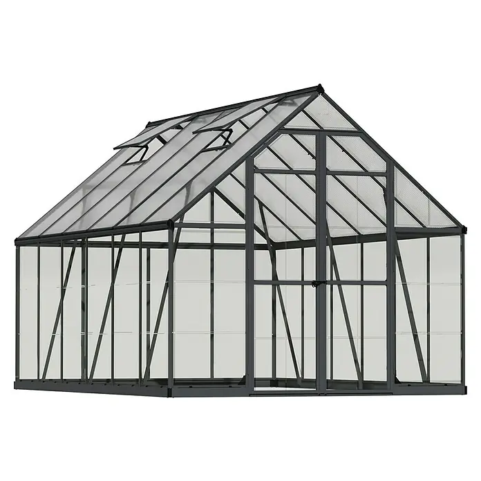 Palram – Canopia Invernadero Balance - Medidas ext. (An x Pr): 244 x 367 cm, 0,7 mm, Gris - Una imagen detallada de un invernadero con marcos grises y paneles transparentes, ideal para la horticultura.