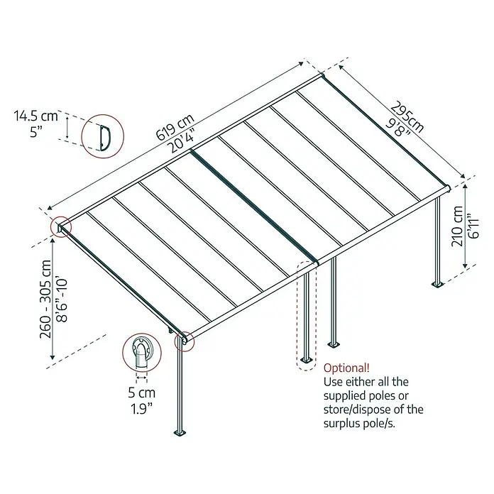 Palram – Canopia Terrassenüberdachung Sierra - B x T: 619 x 299 cm, Anthrazitgrau, Polycarbonat, Klar - Abbildung einer Terrassenüberdachung mit Maßangaben zu Höhe, Breite und Tiefe in Zentimetern und Fuß.
