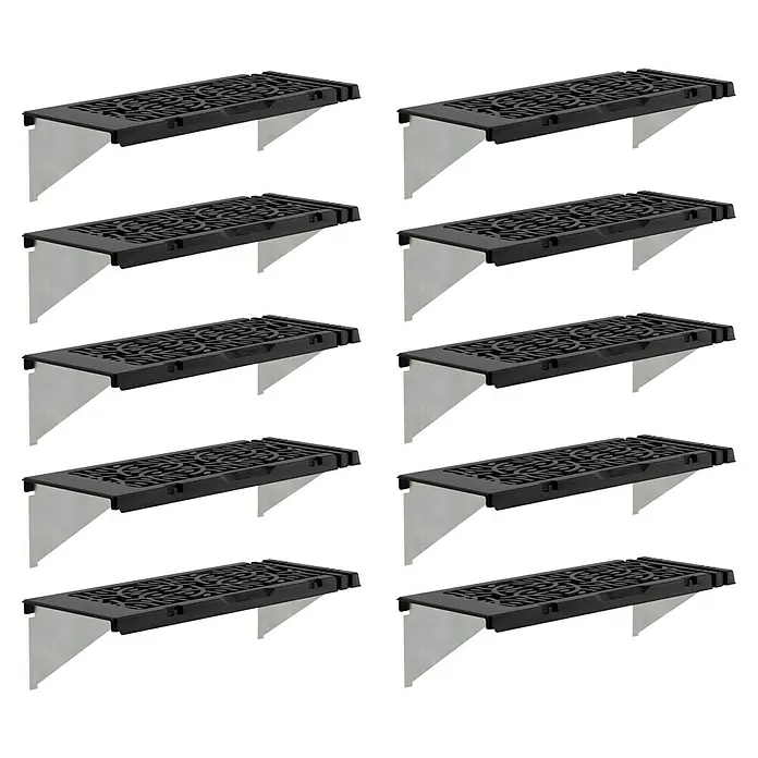 Palram – Canopia Estantería para invernadero - 64,5 x 27 x 17,3 cm, Negro, Número de baldas: 10 ud. - Disposición de ocho canales de drenaje negros con patrones de rejilla decorativos sobre bases grises, creando una imagen repetida y estructurada.