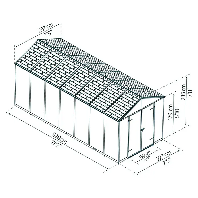Palram – Canopia Caseta de jardín Rubicon - Medidas ext. (An x Pr): 2,37 x 5,28 m, Plástico, Gris - Un dibujo en perspectiva de un invernadero con dimensiones etiquetadas en centímetros y pies.