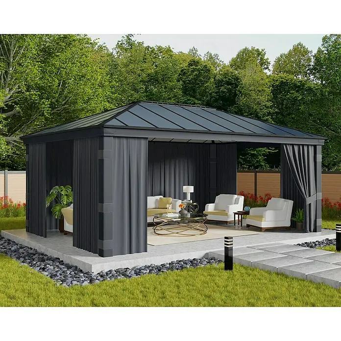 Palram – Canopia Pared lateral de pérgola Dallas - An x Al: 533 x 212 cm, Específico para: Cenador Dallas, Gris - Una elegante glorieta con cortinas y asientos, ideal para relajarse al aire libre. El complemento perfecto para cualquier jardín.