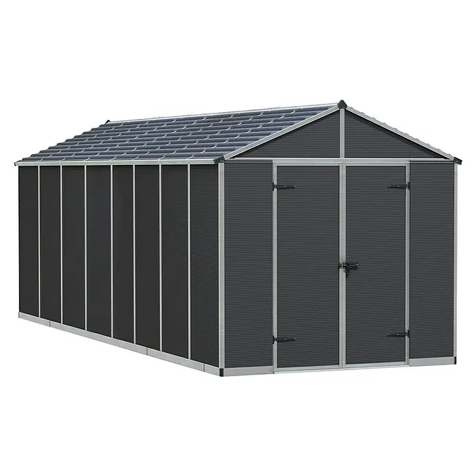Palram – Canopia Caseta de jardín Rubicon - Medidas ext. (An x Pr): 2,37 x 6,02 m, Plástico, Gris - Una caseta de jardín antracita espaciosa con puertas dobles y techo a dos aguas. Ideal para guardar herramientas y equipos de jardín.