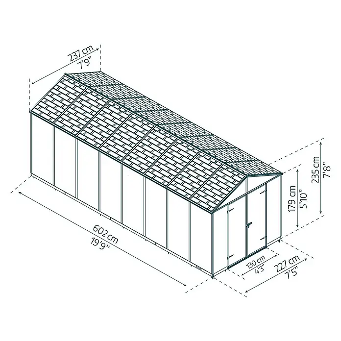 Palram – Canopia Caseta de jardín Rubicon - Medidas ext. (An x Pr): 2,37 x 6,02 m, Plástico, Gris - Ilustración de un invernadero con dimensiones de longitud, altura y anchura.