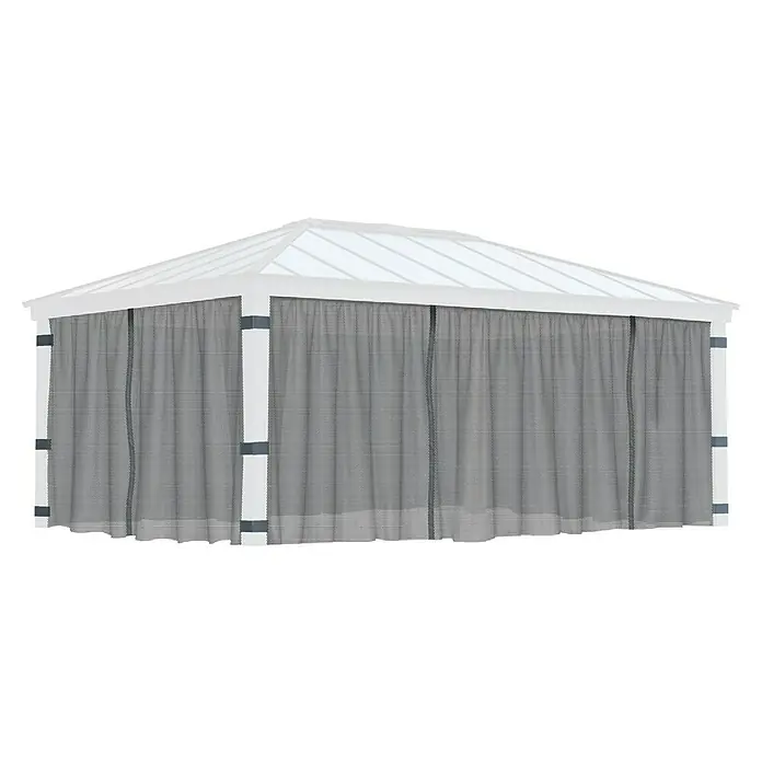 Palram – Canopia Cortina mosquitera para cenador Dallas - An x Al: 533 x 212 cm, Gris - La imagen muestra un elegante gazebo blanco con malla gris. Ofrece protección y privacidad en el jardín o en el patio.