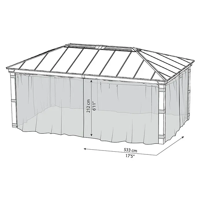 Palram – Canopia Cortina mosquitera para cenador Dallas - An x Al: 533 x 212 cm, Gris - Ilustración de un cenador con cortinas, dimensiones 212 cm de altura y 533 cm de ancho. Ideal para uso en exteriores.