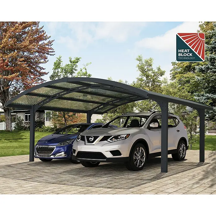Palram – Canopia Carport Arizona Wave - Medidas ext. (An x Pr): 578 x 495 cm, Carport doble, Antracita - Elegantes marquesinas protegen dos coches, con tecnología Heat Block para mayor comodidad y protección contra los elementos externos.
