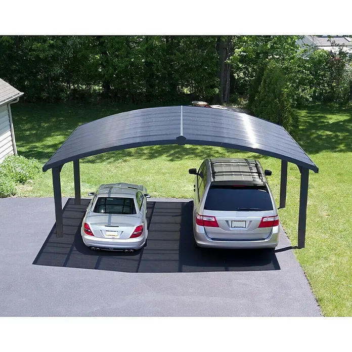 Palram – Canopia Carport Arizona Wave - Medidas ext. (An x Pr): 578 x 495 cm, Carport doble, Antracita - Refugio de coche gris con dos coches aparcados debajo. La cochera ofrece protección contra el clima para los vehículos.