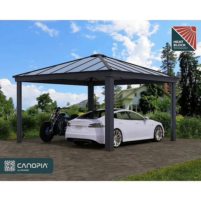 Palram – Canopia Carport Colorado - Medidas ext. (An x Pr): 4,22 x 4,22 m, Negro - Imagen de un carport CANOPIA con una motocicleta y un coche aparcados debajo, mostrando su diseño robusto y protección contra el clima.
