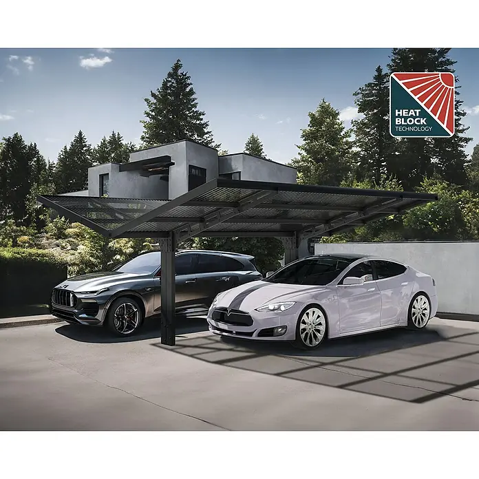 Palram – Canopia Carport Sydney Wings - Medidas ext. (An x Pr): 5,72 x 5,86 m, Negro - Un carport con dos coches aparcados, un SUV y un Tesla Model blanco. El carport protege del calor gracias a Heat Block Technology.