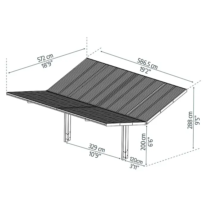 Palram – Canopia Carport Sydney Wings - Medidas ext. (An x Pr): 5,72 x 5,86 m, Negro - Imagen del producto que muestra las dimensiones de una cochera con techo y postes de soporte; las dimensiones están en cm y pulgadas.