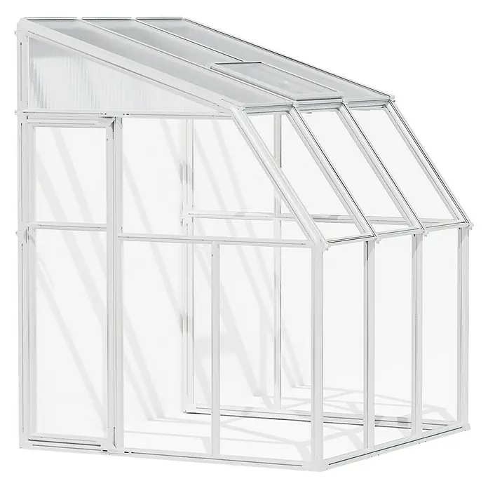 Palram – Canopia Terraza Solarium Sun Room - Medidas ext. (An x Pr): 200 x 200 cm, Plástico, Blanco - Imagen de un invernadero blanco con paneles transparentes, ideal para la jardinería. Proporciona protección a las plantas y alarga la temporada de cultivo.