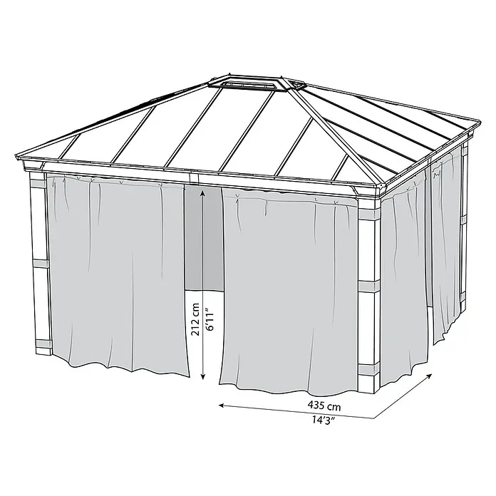 Palram – Canopia Pared lateral de pérgola Dallas - An x Al: 435 x 212 cm, Específico para: Cenador Dallas, Gris - Un mirador con cortinas grises representado en una vista en perspectiva, que muestra una estructura exterior sombreada y atractiva.