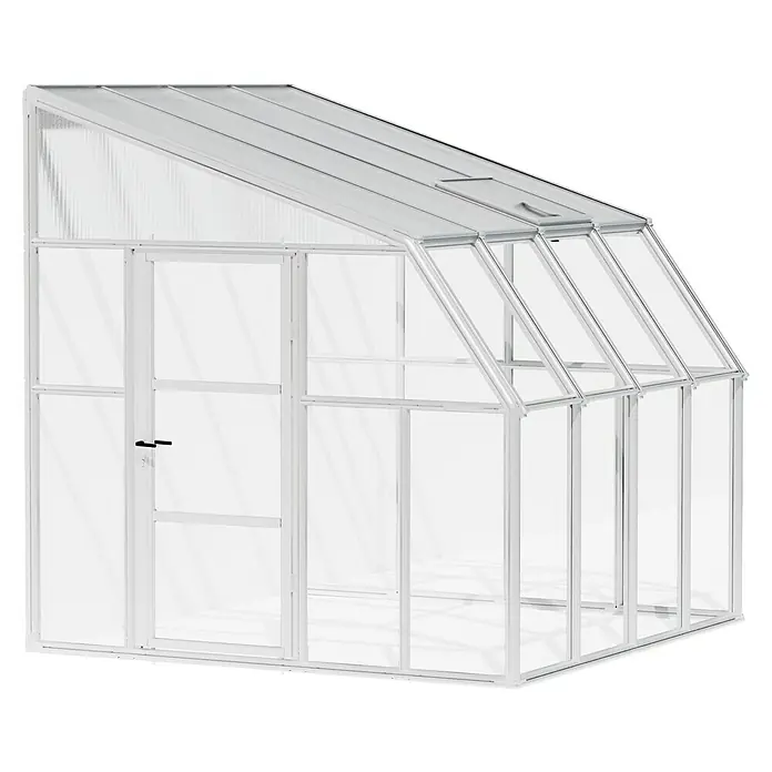 Palram – Canopia Terraza Solarium Sun Room - Medidas ext. (An x Pr): 260 x 257 cm, Plástico, Blanco - Vista de un invernadero con paredes transparentes y techo transparente. Tiene una puerta con una manija negra.