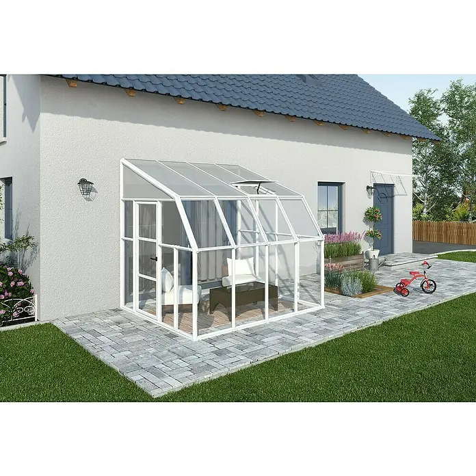 Palram – Canopia Terraza Solarium Sun Room - Medidas ext. (An x Pr): 260 x 257 cm, Plástico, Blanco - Un jardín de invierno con efecto invernadero adosado de aluminio con paneles de policarbonato transparente ofrece un espacio exterior acogedor.