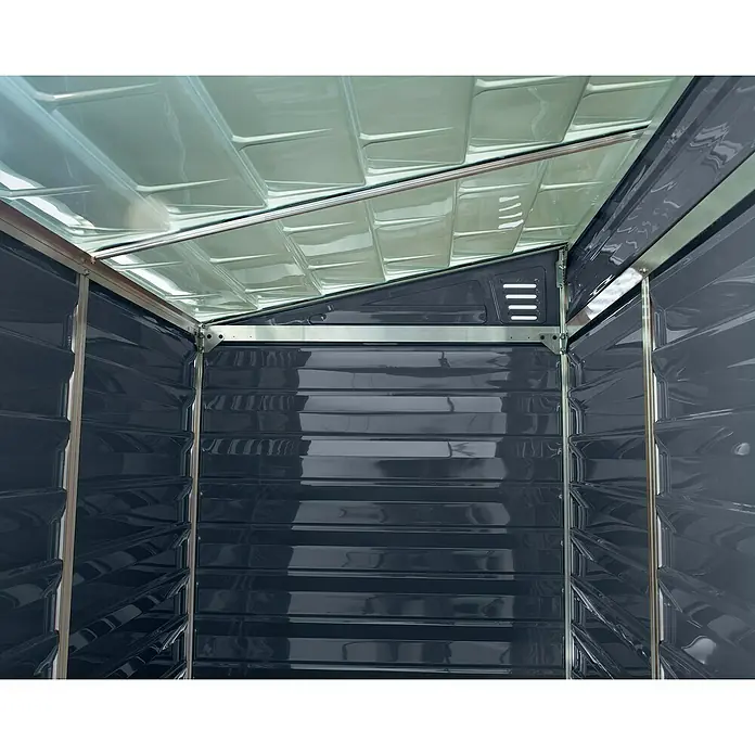 Palram – Canopia Caseta de jardín Skylight - Medidas ext. (An x Pr): 117 x 177 cm, Plástico, Antracita - Vista interior de una caseta de jardín gris con techo translúcido que proporciona luminosidad para un fácil almacenamiento.