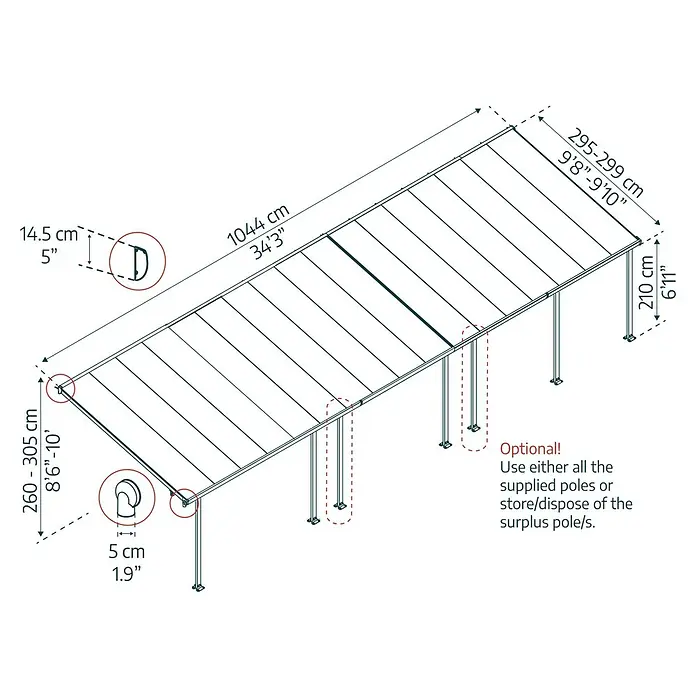 Palram – Canopia Terrassenüberdachung Sierra - B x T: 1.044 x 299 cm, Anthrazitgrau, Polycarbonat, Klar - Produktbild eines Terrassendachs mit Maßangaben zu Länge, Höhe und Pfostenabstand in Zentimetern und Fuß.