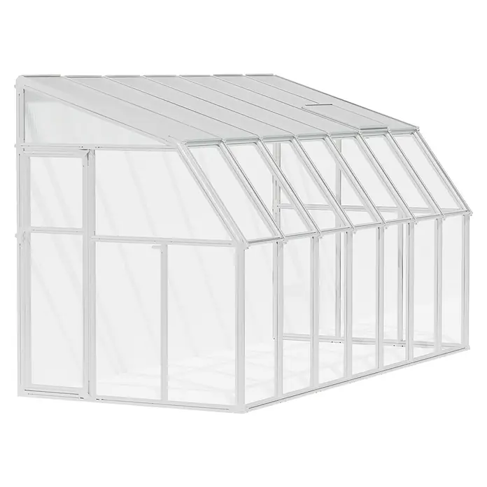 Palram – Canopia Terraza Solarium Sun Room - Medidas ext. (An x Pr): 446 x 200 cm, Plástico, Blanco - Esta imagen muestra un invernadero con paredes transparentes y un marco blanco. El invernadero tiene un diseño de techo inclinado.
