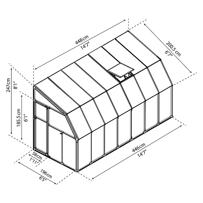 Palram – Canopia Terraza Solarium Sun Room - Medidas ext. (An x Pr): 446 x 200 cm, Plástico, Blanco - Un dibujo esquemático detallado de un invernadero con dimensiones etiquetadas en centímetros y pies.