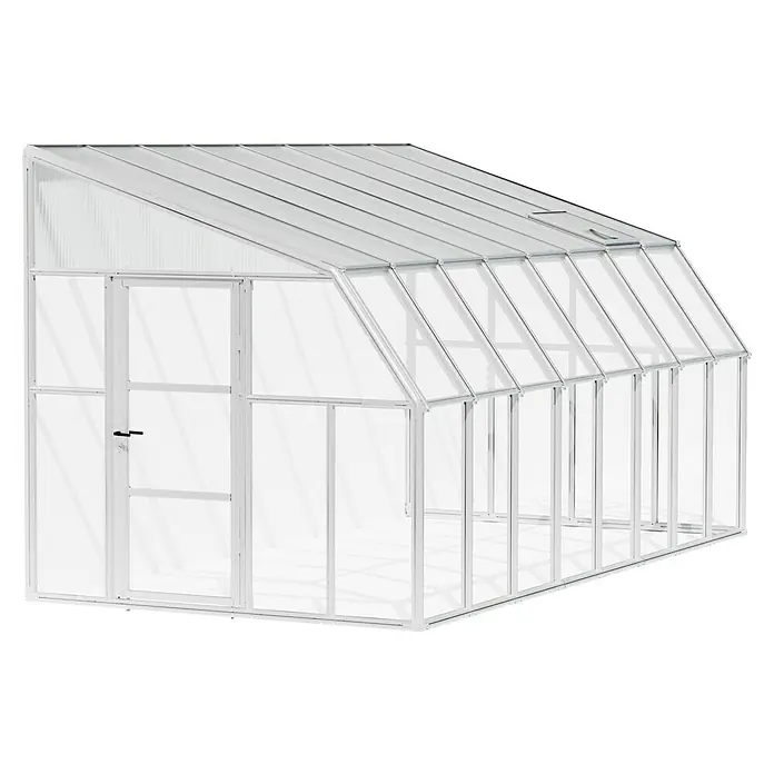 Palram – Canopia Terraza Solarium Sun Room - Medidas ext. (An x Pr): 508 x 257 cm, Plástico, Blanco - Se muestra un invernadero independiente con estructura metálica y puerta, ideal para jardinería y cultivo de plantas.