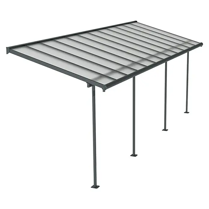 Palram – Canopia Terrassenüberdachung - B x T: 670,5 x 228 cm - Nahaufnahme eines Vordachs mit grauen Rahmen und transluzenten Paneelen. Das Design bietet Schutz vor Wettereinflüssen und fügt einen architektonischen Akzent hinzu.