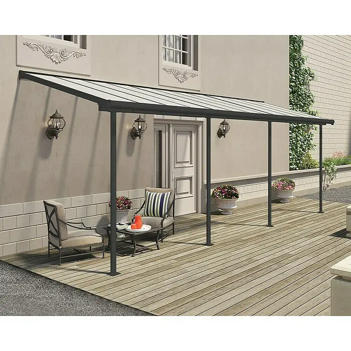 Palram – Canopia Terrassenüberdachung - B x T: 670,5 x 228 cm - Eine elegante Terrassenüberdachung mit stilvollem Design und bequemen Sitzmöbeln für entspannte Stunden im Freien.