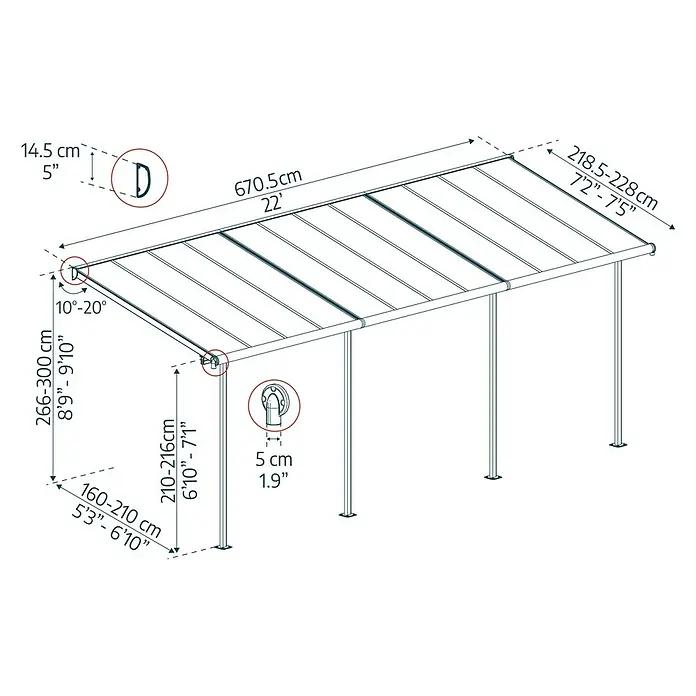 Palram – Canopia Terrassenüberdachung - B x T: 670,5 x 228 cm - Eine detaillierte Schemazeichnung eines Pavillons mit Maßangaben zu Höhe, Breite und Tiefe, inklusive Winkel und Durchmesser.