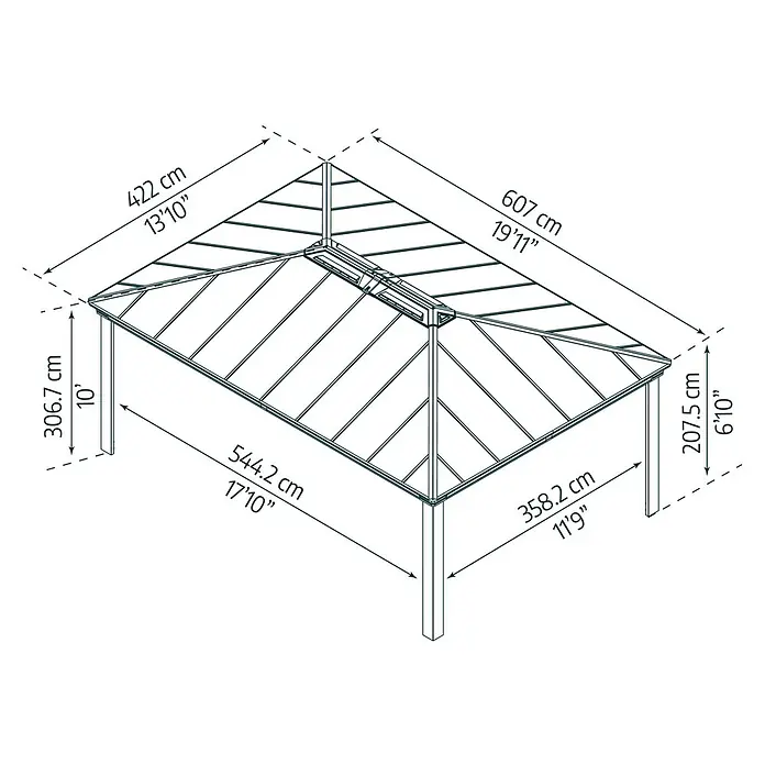 Palram – Canopia Carport Colorado - Medidas ext. (An x Pr): 4,22 x 607 m, Negro - Dimensiones de la pérgola con longitud de techo (607 cm), ancho de techo (422 cm), longitud lateral (544,2 cm), ancho lateral (358,2 cm) y altura (306,7 cm/207,5 cm).