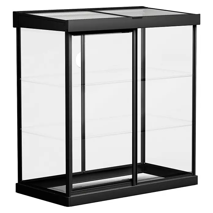 Palram – Canopia Invernadero Mini Ivy - Medidas ext. (An x Pr): 123 x 64 cm, 0,7 mm, Negro - La imagen muestra un invernadero con estructura negra y paredes transparentes. El invernadero tiene un diseño sencillo y moderno.