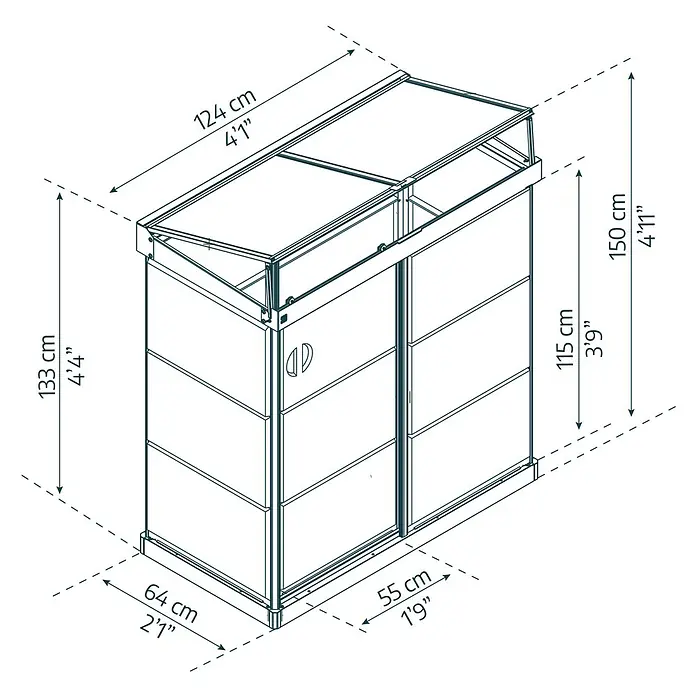 Palram – Canopia Invernadero Mini Ivy - Medidas ext. (An x Pr): 123 x 64 cm, 0,7 mm, Negro - Representación esquemática de un cobertizo de jardín, que proporciona medidas de altura, anchura y profundidad en centímetros y pies.