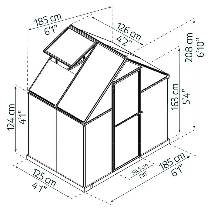 Palram – Canopia Invernadero Mythos - Medidas ext. (An x Pr): 185 x 126 cm, Material de la pared lateral: Plástico, 4 mm, Gris - Un diagrama esquemático de un invernadero que muestra las dimensiones en centímetros y pies para varias medidas.