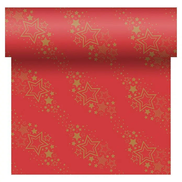 Duni Tischläufer Dunicel® - 4,8 m x 40 cm, Rot/Gold, Holiday Red - Rolle Geschenkpapier in Rot mit goldenen Sternen. Ideal zum festlichen Verpacken von Geschenken für jeden Anlass.