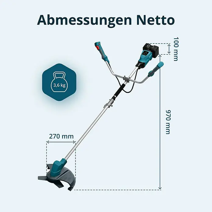 Könner & Söhnen Akku-Rasentrimmer KS BCT - 40 V, Li-Ionen, Ohne Akku - Bild mit Abmessungen des Gardena Akku-Trimmers: 100 mm, 970 mm, 270 mm, Gewicht: 3,6 kg.