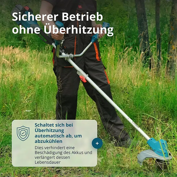 Könner & Söhnen Akku-Rasentrimmer KS BCT - 40 V, Li-Ionen, Ohne Akku - Bild eines Akku-Rasentrimmers, der für sicheren Betrieb ohne Überhitzung sorgt und sich automatisch abschaltet, um abzukühlen.
