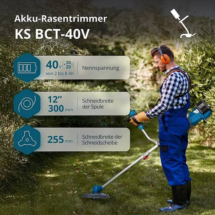 Könner & Söhnen Akku-Rasentrimmer KS BCT - 40 V, Li-Ionen, Ohne Akku - Akku-Rasentrimmer KS BCT-40V mit technischen Daten zu Spannung, Spulen- und Scheidscheibenbreite. Ideal für Gartenpflege.