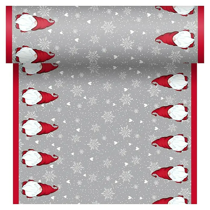 Duni Tischläufer Dunicel® - 4,8 m x 40 cm, Grau/Rot, Winter Flakes - Festliche Tischdecke mit Zwergen und Schneeflockenmuster, ideal für die Weihnachtszeit und festliche Anlässe.