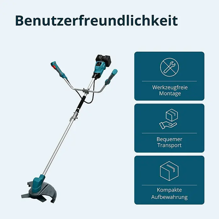 Könner & Söhnen Akku-Rasentrimmer KS BCT - 40 V, Li-Ionen, Ohne Akku - Abbildung eines Akku-Rasentrimmers mit Funktionen für benutzerfreundliche Montage, Transport und Aufbewahrung.